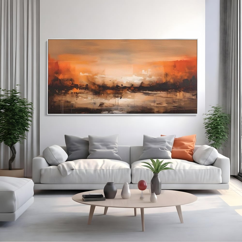 Tablou canvas cu peisaj abstract orizontal in nuante de aramiu, in rama de aluminiu argintiu, pe perete intr-un living